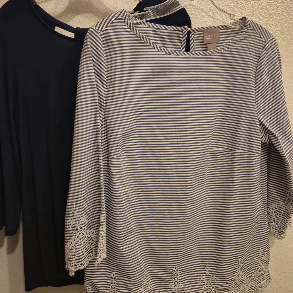 2 Chico's Sz 0 Solid Navy & White Striped Women's Tops 3/4 Sleeve Cut Out Embrod